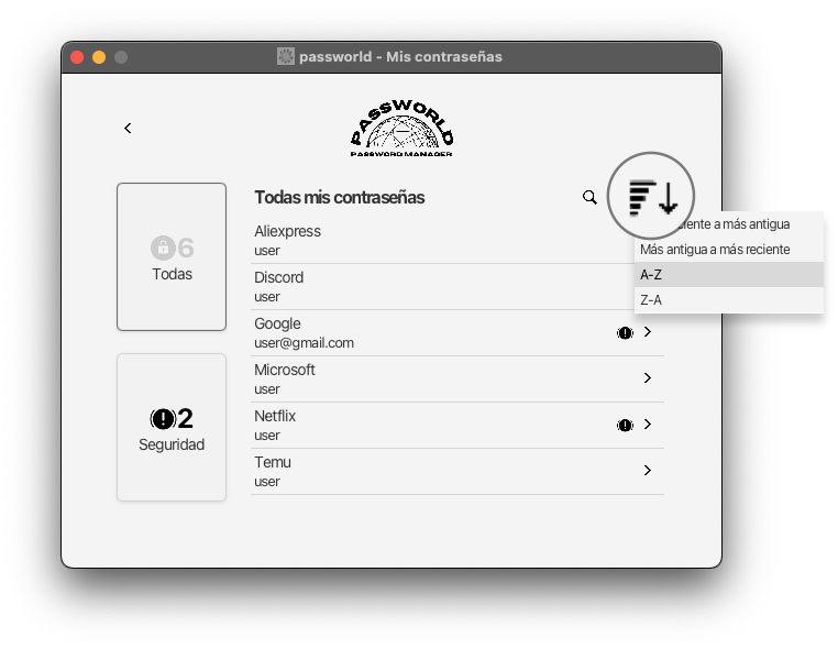Ejemplo de listar las contraseñas ordenadas según un criterio