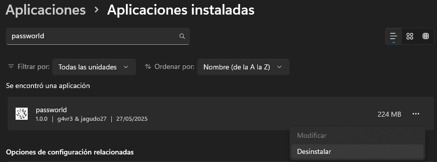 Ejemplo de desinstalar PASSWORLD en Windows